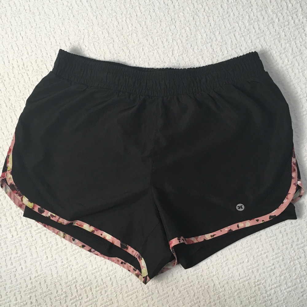 RBX Active Women Black Floral Trim X-Dri Double Layer Running Shorts Small